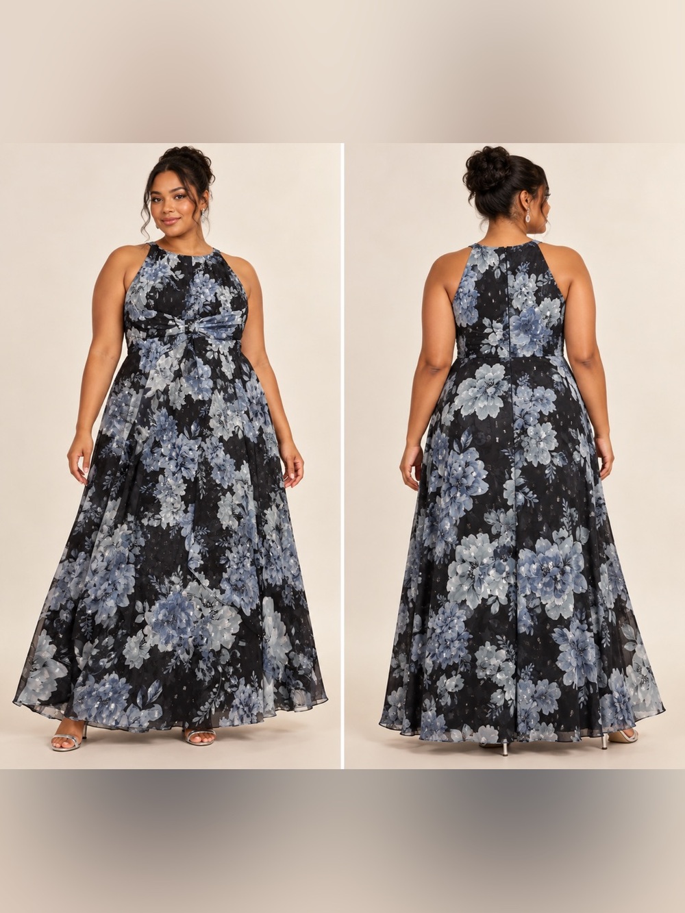 R&M Richards 16W Blue Floral Chiffon Halter Maxi Dress Plus Formal Evening Gown